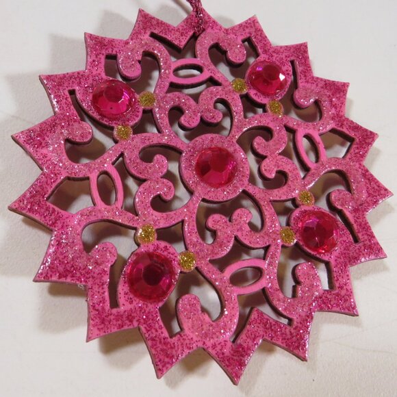 Warm Pink Circle Medallion Laser Cut Wooden Ornament with Rhinestones Hangs - Picture 2 of 7